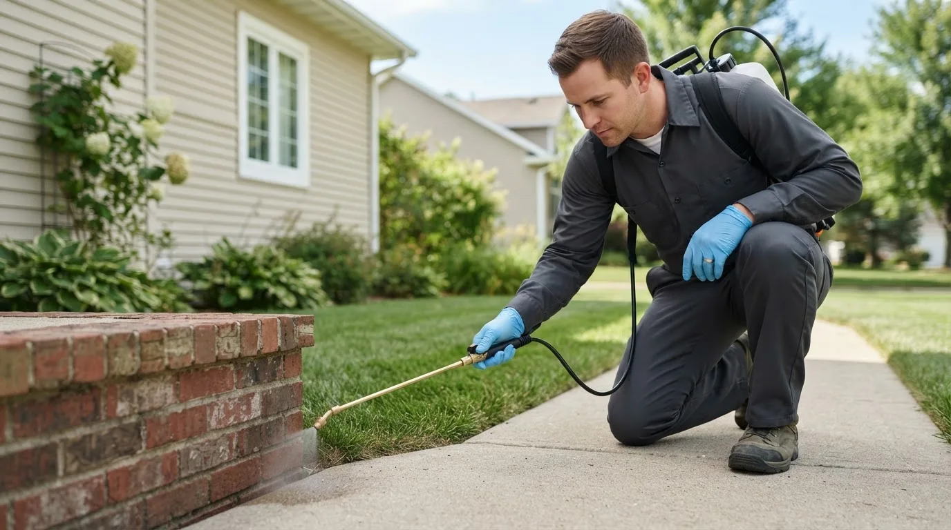 Pest control technician treating a home near Unity, ME