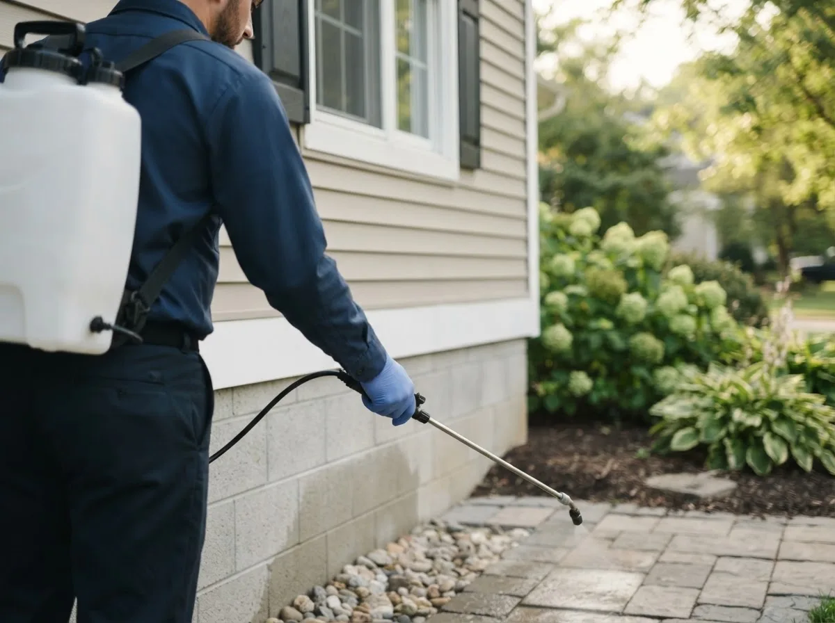 Pest control technician inspecting a home in Unity, ME